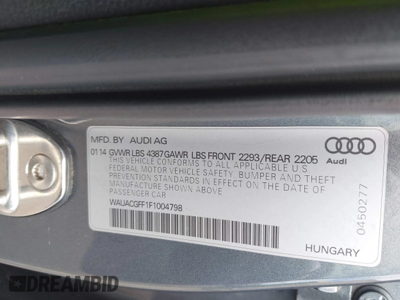 2015 Audi A3 1.8T Premium with VIN WAUACGFF1F1004798, listed as a IAAI auction lot 42078500 with 89,747 mi miles. Bid and sale history available at carsss.com. Image 9.