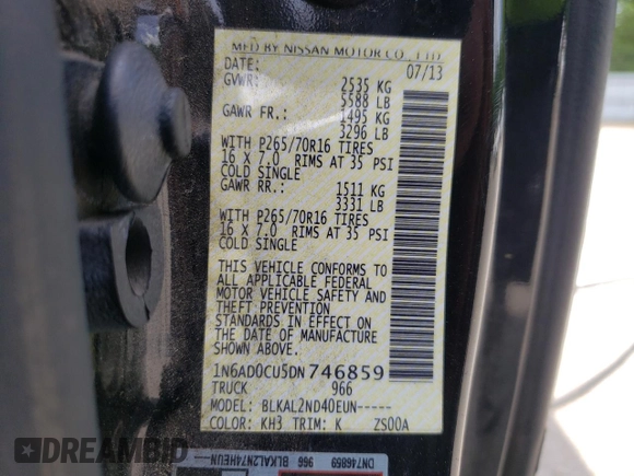 2013 Nissan Frontier SV with VIN 1N6AD0CU5DN746859, listed as a Copart auction lot 60969135 with 122,282 mi miles and Salvage title. Bid and sale history available at DreamBid. Image 12.