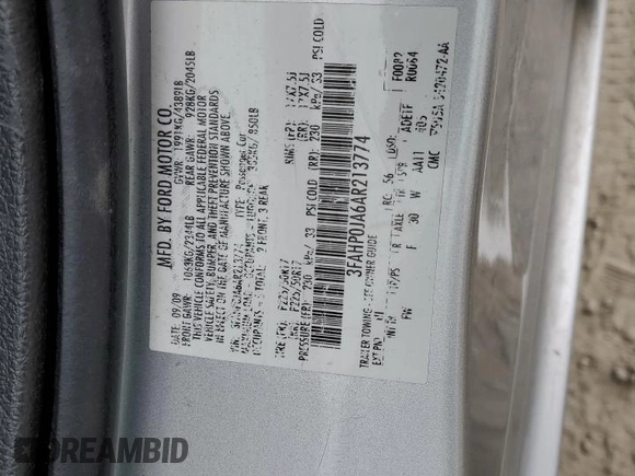 2010 Ford Fusion SEL with VIN 3FAHP0JA6AR213774, listed as a Copart auction lot 53472435 with 0 mi miles and Clean Title. Bid and sale history available at carsss.com. Image 12.