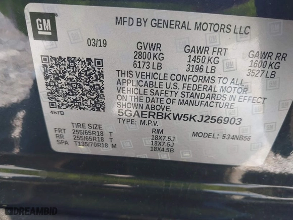 2019 Buick Enclave Essence with VIN 5GAERBKW5KJ256903, listed as a IAAI auction lot 41815910 with NaN miles. Bid and sale history available at carsss.com. Image 9.