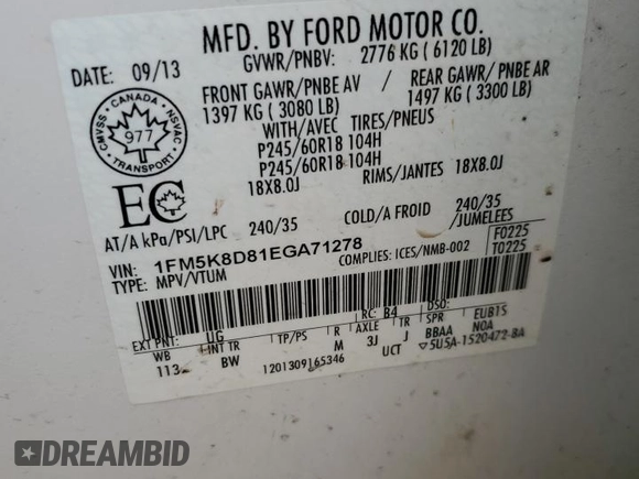 2014 Ford Explorer XLT z VIN 1FM5K8D81EGA71278, wystawiony jako Copart lot #57326605 z przebiegiem 286 778 mil mil oraz Szkoda całkowita • Salvage title. Historia ofert i sprzedaży dostępna na DreamBid. Obrazek 13.