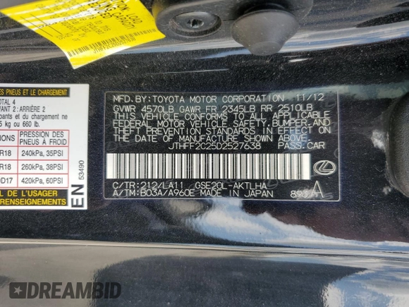 2013 Lexus IS 250 C with VIN JTHFF2C25D2527638, listed as a Copart auction lot 55654335 with 98,127 mi miles and Salvage title. Bid and sale history available at DreamBid. Image 13.