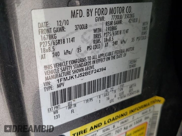 2011 Ford Expedition Max XLT с VIN 1FMJK1J52BEF24394, выставлен на аукционе Copart как лот 48367595 с пробегом 200 967 миль миль и Списание • Salvage title. История ставок и продаж доступна на DreamBid. Изображение 15.