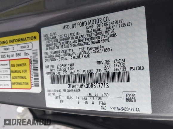 2013 Ford Fusion SE with VIN 3FA6P0HR3DR317713, listed as a IAAI auction lot 41825824 with 140,727 mi miles. Bid and sale history available at carsss.com. Image 9.
