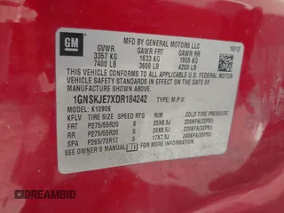 2013 Chevrolet Suburban LT with VIN 1GNSKJE7XDR184242, listed as a IAAI auction lot 42736924 with 217,906 mi miles and . Bid and sale history available at DreamBid. Image 9.