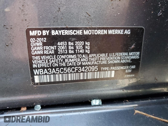 2012 BMW 3 Series 328i с VIN WBA3A5C56CF342095, выставлен на аукционе Copart как лот 52299665 с пробегом Не указан миль и Списание • Salvage title. История ставок и продаж доступна на DreamBid. Изображение 13.
