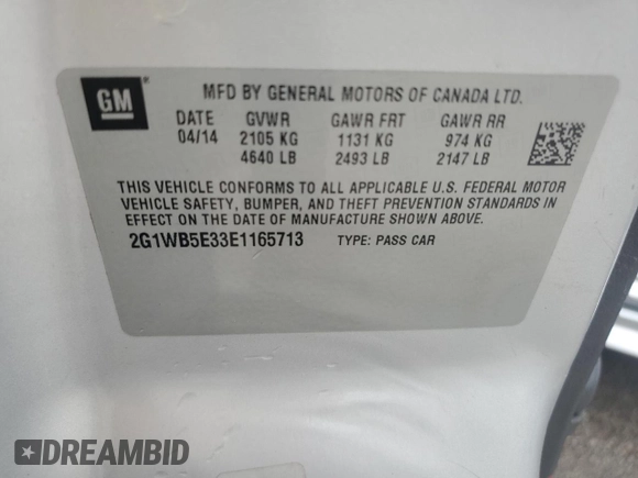 2014 Chevrolet Impala LT with VIN 2G1WB5E33E1165713, listed as a Copart auction lot 60591585 with 203,323 mi miles and Salvage title. Bid and sale history available at DreamBid. Image 13.