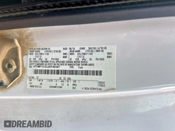 2018 Ford F-150 XL with VIN 1FTMF1C53JKF40347, listed as a Copart auction lot 63626035 with 207,222 mi miles and Clean title. Bid and sale history available at DreamBid. Image 10.