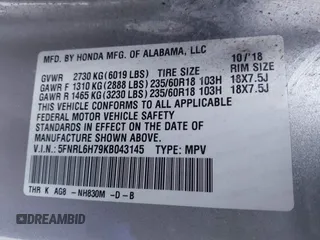 2019 Honda Odyssey EX-L with VIN 5FNRL6H79KB043145, listed as a IAAI auction lot 41569198 with 94,560 mi miles. Bid and sale history available at carsss.com. Image 9.