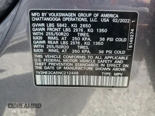 2022 Volkswagen Atlas SE with VIN 1V2HE2CA5NC212448, listed as a Copart auction lot 60375345 with 84,919 mi miles and Salvage title. Bid and sale history available at DreamBid. Image 13.