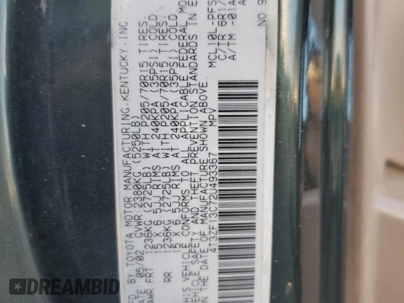 2002 Toyota Sienna LE with VIN 4T3ZF13C72U493367, listed as a Copart auction lot 46255805 with 167,425 mi miles and Salvage title. Bid and sale history available at DreamBid. Image 13.