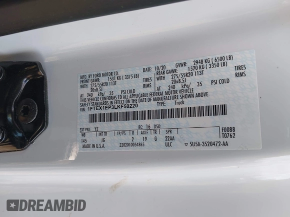 2020 Ford F-150 XL with VIN 1FTEX1EP3LKF50220, listed as a IAAI auction lot 41362614 with 37,258 mi miles. Bid and sale history available at carsss.com. Image 9.