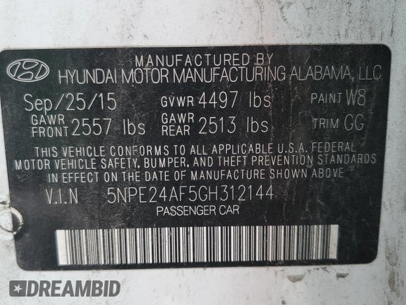 2016 Hyundai Sonata SE с VIN 5NPE24AF5GH312144, выставлен на аукционе Copart как лот 56131274 с пробегом 133 159 миль миль и На запчасти • Non repairable. История ставок и продаж доступна на DreamBid. Изображение 12.