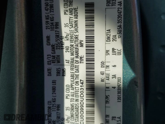 2013 Ford Escape SE with VIN 1FMCU0G99DUD03147, listed as a Copart auction lot 60152775 with 156,551 mi miles and Salvage title. Bid and sale history available at DreamBid. Image 12.