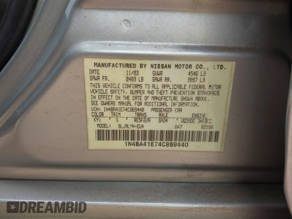 2004 Nissan Maxima SE z VIN 1N4BA41E74C869440, wystawiony jako IAAI lot #41886525 z przebiegiem 130 327 mil mil oraz . Historia ofert i sprzedaży dostępna na DreamBid. Obrazek 9.