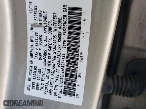 2015 Honda Accord LX with VIN 1HGCR2F32FA077134, listed as a Copart auction lot 53617215 with 171,276 mi miles and Salvage Title. Bid and sale history available at carsss.com. Image 12.