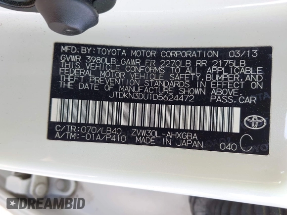 2013 Toyota Prius One z VIN JTDKN3DU1D5624472, wystawiony jako IAAI lot #41995279 z przebiegiem 108 958 mil mil oraz . Historia ofert i sprzedaży dostępna na DreamBid. Obrazek 9.
