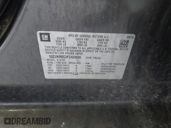 2015 Chevrolet Silverado 1500 LT with VIN 1GCVKREC3FZ430536, listed as a IAAI auction lot 41910194 with 131,541 mi miles. Bid and sale history available at carsss.com. Image 9.