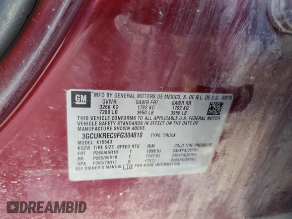 2015 Chevrolet Silverado 1500 LT with VIN 3GCUKREC9FG304810, listed as a Copart auction lot 85220914 with 130,894 mi miles and Salvage Title. Bid and sale history available at DreamBid. Image 14.