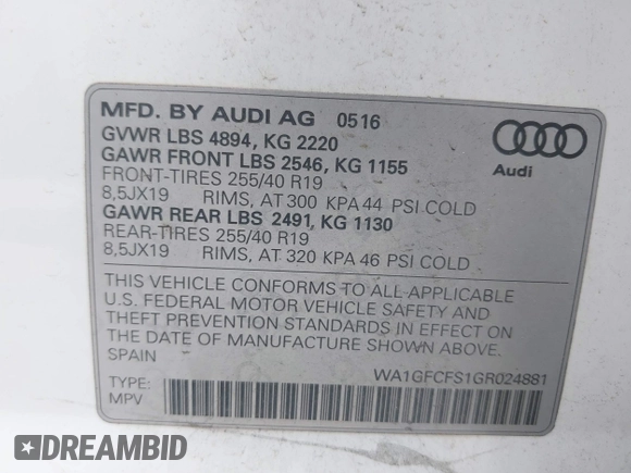 2016 Audi Q3 Prestige with VIN WA1GFCFS1GR024881, listed as a IAAI auction lot 42123876 with 107,742 mi miles and . Bid and sale history available at DreamBid. Image 9.
