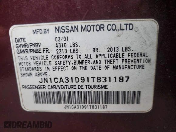 2001 Nissan Maxima GXE z VIN JN1CA31D91T831187, wystawiony jako Copart lot #72222434 z przebiegiem 138 438 mil mil oraz Szkoda całkowita • Salvage title. Historia ofert i sprzedaży dostępna na DreamBid. Obrazek 12.