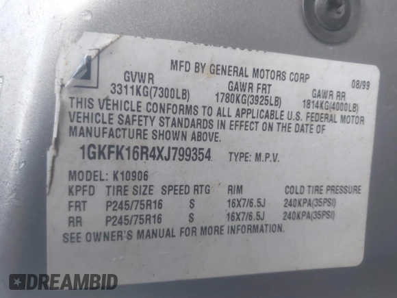 1999 GMC Suburban z VIN 1GKFK16R4XJ799354, wystawiony jako IAAI lot #41696999 z przebiegiem 269 606 mil mil oraz . Historia ofert i sprzedaży dostępna na DreamBid. Obrazek 9.