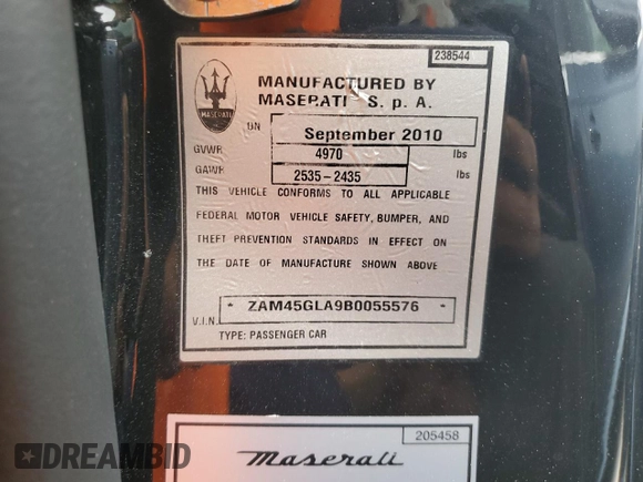 2011 Maserati GranTurismo with VIN ZAM45GLA9B0055576, listed as a Copart auction lot 75262584 with Not provided miles and Non repairable. Bid and sale history available at DreamBid. Image 13.
