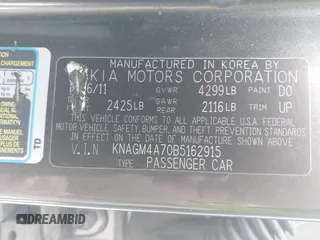 2011 Kia Optima LX with VIN KNAGM4A70B5162915, listed as a IAAI auction lot 42094325 with 156,169 mi miles and . Bid and sale history available at carsss.com. Image 9.