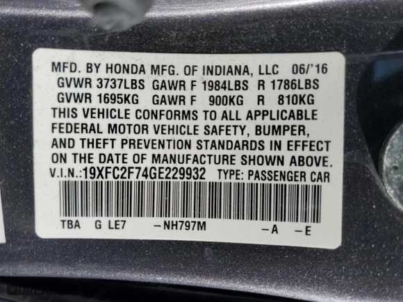 2016 Honda Civic Sedan EX with VIN 19XFC2F74GE229932, listed as a Copart auction lot 50645955 with 131,119 mi miles and Salvage Title. Bid and sale history available at carsss.com. Image 13.
