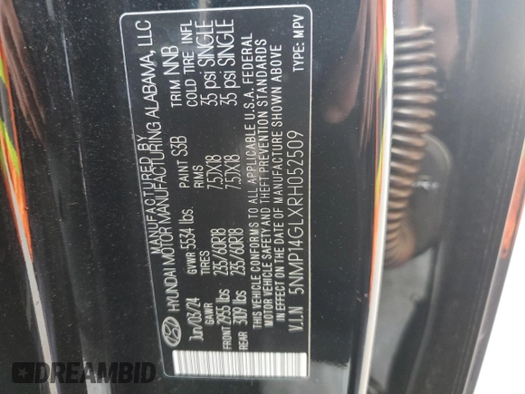2024 Hyundai Santa Fe SE with VIN 5NMP14GLXRH052509, listed as a Copart auction lot 50755485 with 16,259 mi miles and Salvage title. Bid and sale history available at DreamBid. Image 13.