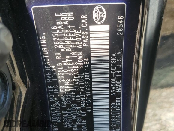 2015 Toyota Camry XLE with VIN 4T1BF1FK3FU001484, listed as a Copart auction lot 52872615 with 173,893 mi miles and Salvage Title. Bid and sale history available at carsss.com. Image 12.