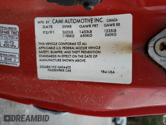 2001 Suzuki Swift GA z VIN 2S2AB21H216604405, wystawiony jako Copart lot #80427254 z przebiegiem 63 703 mil mil oraz Czysty tytuł • Clean title. Historia ofert i sprzedaży dostępna na DreamBid. Obrazek 12.