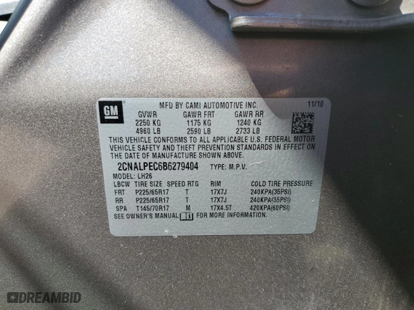 2011 Chevrolet Equinox LT w/2LT with VIN 2CNALPEC6B6279404, listed as a Copart auction lot 51182624 with 107,780 mi miles and Salvage Title. Bid and sale history available at carsss.com. Image 12.