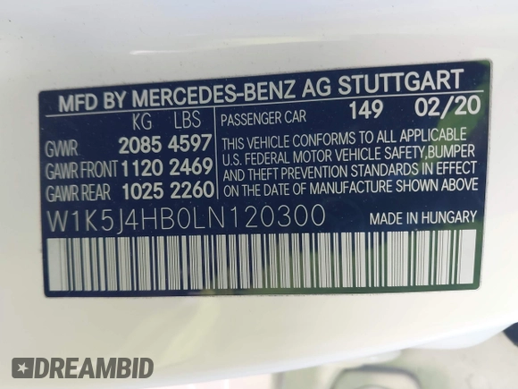 2020 Mercedes-Benz CLA with VIN W1K5J4HB0LN120300, listed as a IAAI auction lot 41513024 with 114,682 mi miles. Bid and sale history available at carsss.com. Image 9.