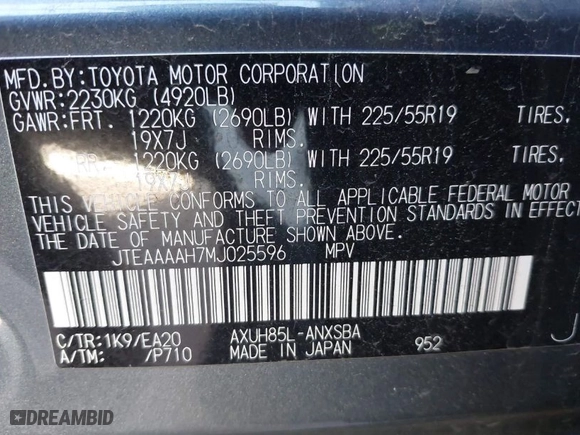 2021 Toyota Venza LE with VIN JTEAAAAH7MJ025596, listed as a IAAI auction lot 41744739 with NaN miles. Bid and sale history available at carsss.com. Image 9.