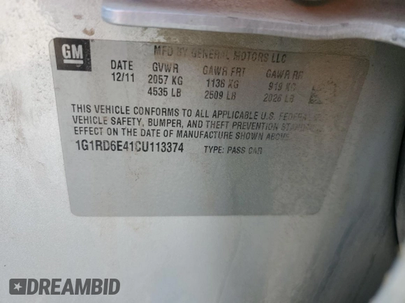 2012 Chevrolet Volt with VIN 1G1RD6E41CU113374, listed as a Copart auction lot 47123775 with 144,047 mi miles and Salvage Title. Bid and sale history available at carsss.com. Image 12.