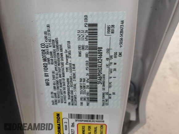 2020 Ford Fusion SE z VIN 3FA6P0HDXLR246898, wystawiony jako Copart lot #43389665 z przebiegiem 22 355 mil mil oraz Czysty tytuł • Clean title. Historia ofert i sprzedaży dostępna na DreamBid. Obrazek 13.