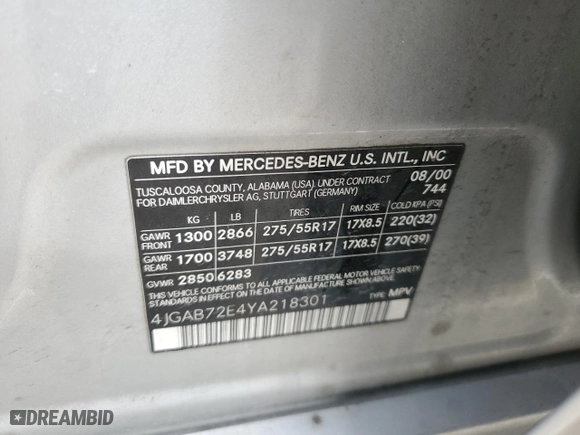 2000 Mercedes-Benz M-Class with VIN 4JGAB72E4YA218301, listed as a Copart auction lot 49968215 with 180,541 mi miles and Salvage Title. Bid and sale history available at carsss.com. Image 14.