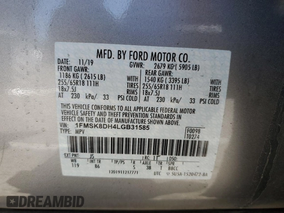 2020 Ford Explorer XLT z VIN 1FMSK8DH4LGB31585, wystawiony jako Copart lot #56982185 z przebiegiem 36 117 mil mil oraz Szkoda całkowita • Salvage title. Historia ofert i sprzedaży dostępna na DreamBid. Obrazek 13.