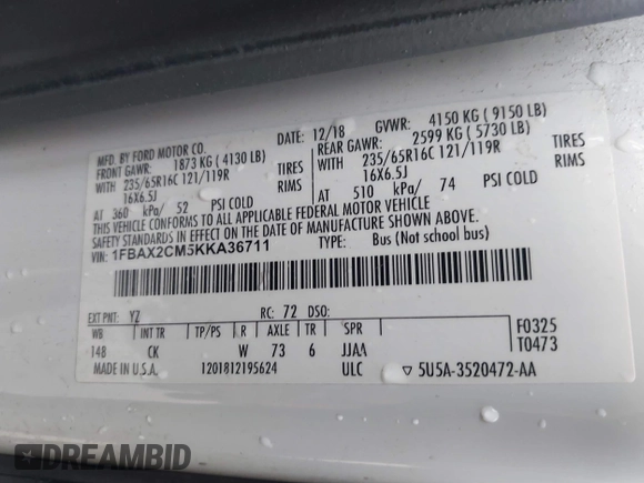 2019 Ford Transit Passenger XL with VIN 1FBAX2CM5KKA36711, listed as a IAAI auction lot 41660414 with 205,719 mi miles and . Bid and sale history available at DreamBid. Image 9.