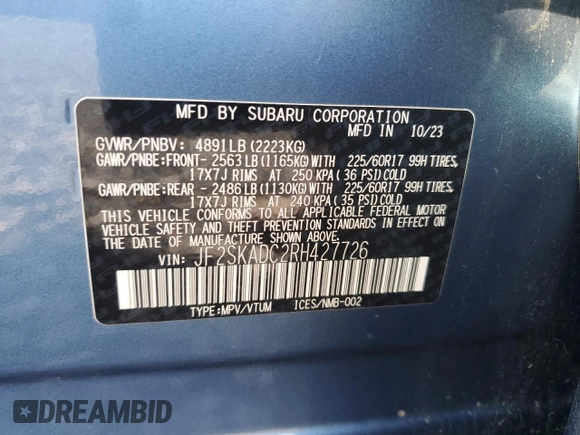 2024 Subaru Forester Premium z VIN JF2SKADC2RH427726, wystawiony jako Copart lot #55422345 z przebiegiem 26 570 mil mil oraz Szkoda całkowita • Salvage title. Historia ofert i sprzedaży dostępna na DreamBid. Obrazek 13.
