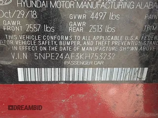 2019 Hyundai Sonata SE with VIN 5NPE24AF3KH753232, listed as a IAAI auction lot 41843557 with 52,996 mi miles and . Bid and sale history available at carsss.com. Image 9.
