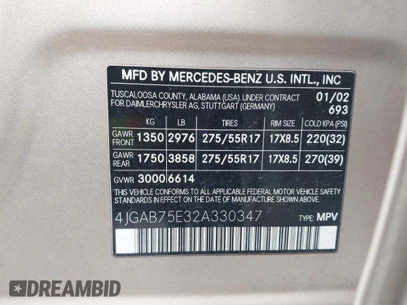 2002 Mercedes-Benz M 320/430/500 with VIN 4JGAB75E32A330347, listed as a IAAI auction lot 41929140 with 227,727 mi miles and . Bid and sale history available at DreamBid. Image 9.