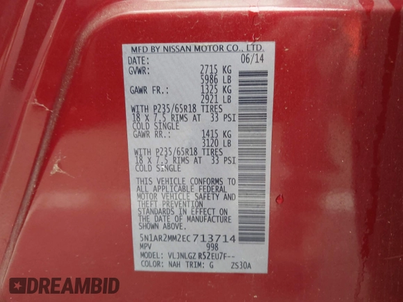 2014 Nissan Pathfinder S with VIN 5N1AR2MM2EC713714, listed as a IAAI auction lot 42451261 with 139,491 mi miles and . Bid and sale history available at DreamBid. Image 9.