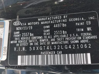 2020 Kia Optima LX z VIN 5XXGT4L32LG421062, wystawiony jako IAAI lot #41879797 z przebiegiem 203 379 mil mil oraz . Historia ofert i sprzedaży dostępna na DreamBid. Obrazek 9.