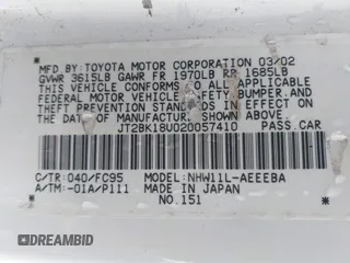 2002 Toyota Prius with VIN JT2BK18U020057410, listed as a IAAI auction lot 42162884 with 122,193 mi miles and . Bid and sale history available at DreamBid. Image 9.