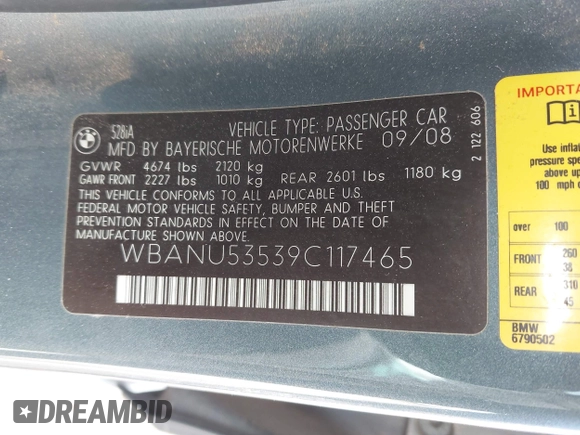 2009 BMW 5 Series 528i with VIN WBANU53539C117465, listed as a IAAI auction lot 42200311 with 158,155 mi miles and . Bid and sale history available at carsss.com. Image 9.