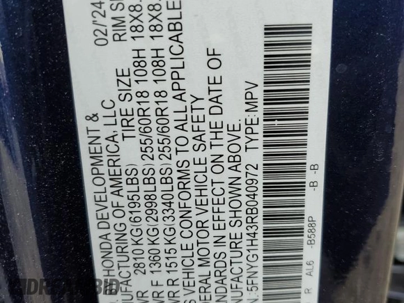 2024 Honda Pilot EX-L 8 Passenger with VIN 5FNYG1H43RB040972, listed as a Copart auction lot 47807115 with 8,930 mi miles and Salvage Title. Bid and sale history available at carsss.com. Image 13.
