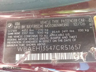 2007 BMW 6 Series 650i with VIN WBAEH13547CR51657, listed as a IAAI auction lot 41627772 with 139,147 mi miles. Bid and sale history available at carsss.com. Image 9.