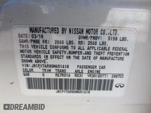 2016 Infiniti Q50 Red Sport 400 с VIN JN1FV7AR9GM451418, выставлен на аукционе Copart как лот 55156565 с пробегом 83 859 миль миль и Списание • Salvage title. История ставок и продаж доступна на DreamBid. Изображение 12.